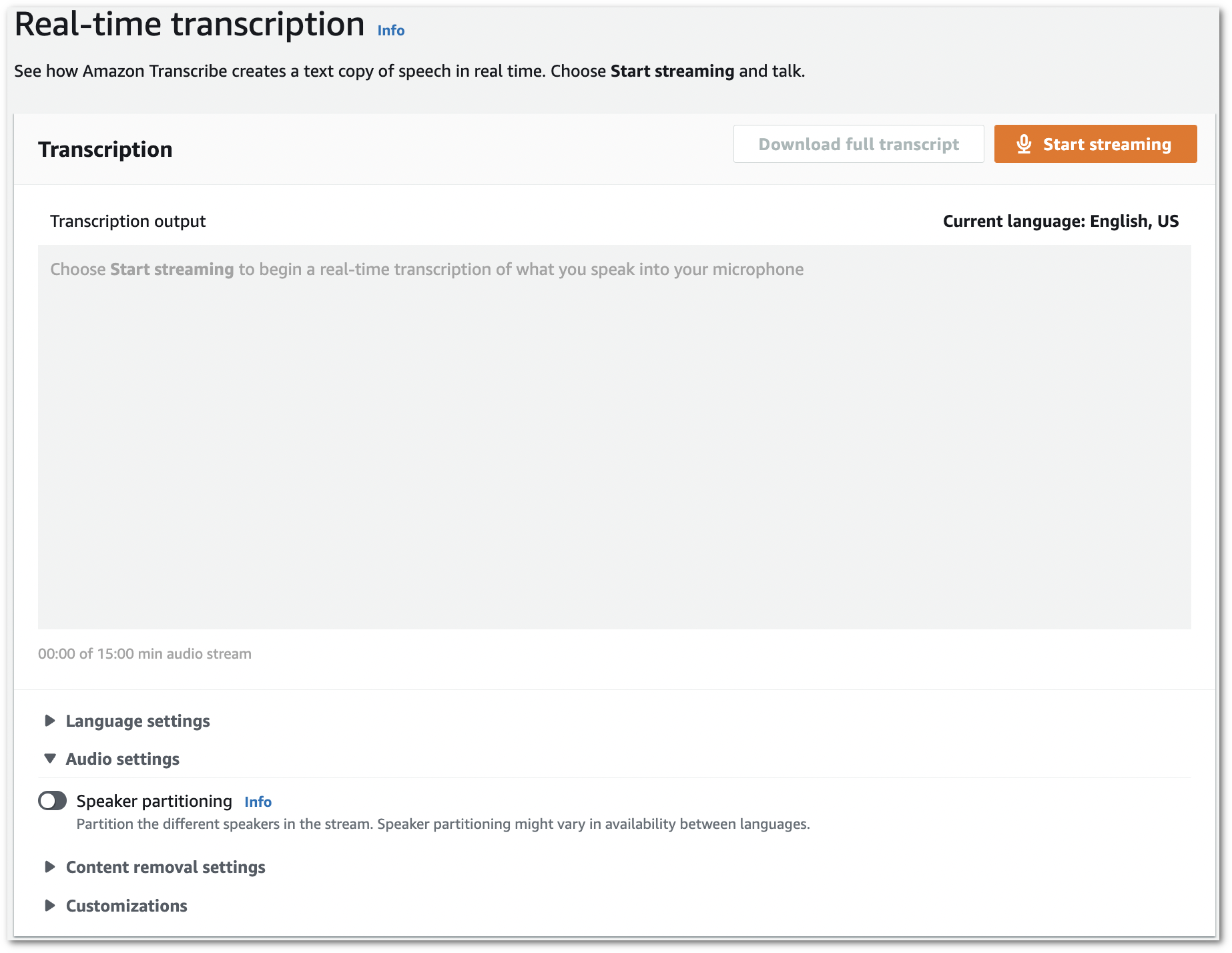 Amazon Transcribe 控制台屏幕截图：“实时转录” 页面上的 “音频设置” 选项卡。