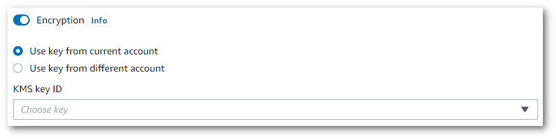 启用加密开关和KMS key ID 下拉菜单的屏幕截图。
