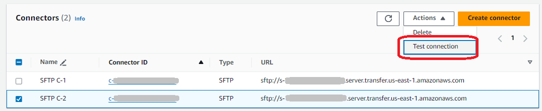 Transfer Family 控制台显示了选定的 SFTP 连接器，并突出显示了“测试连接”操作。