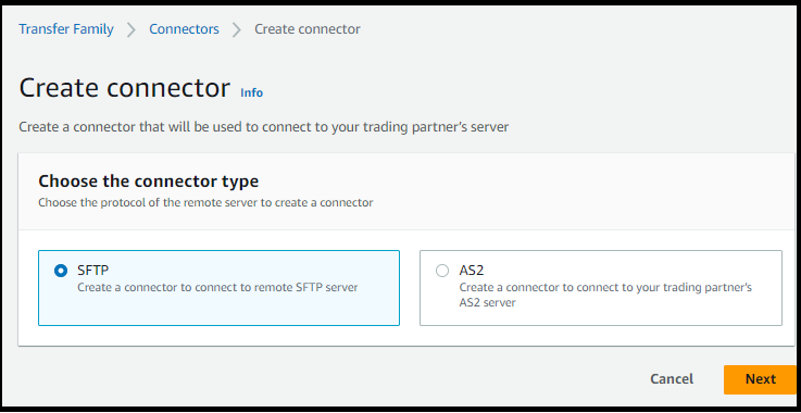 Transfer Family 控制台显示“创建连接器”页面，您可以在其中选择连接器类型。已选择 SFTP。