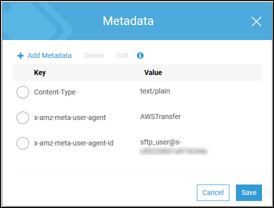 “元数据” 屏幕显示有关 Amazon S3 对象元数据的信息 AWS Transfer Family。