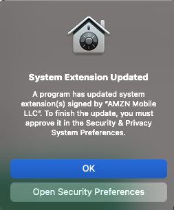 Notice saying the system extension was updated.