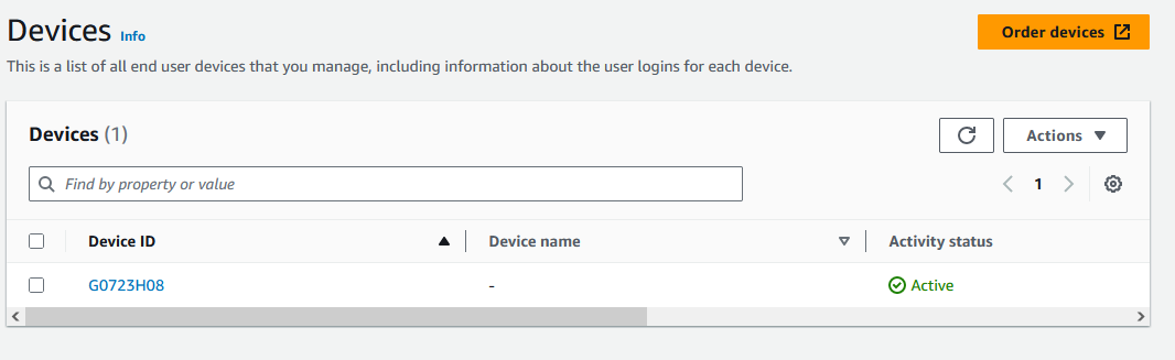 Device management interface showing a single device with ID and active status.