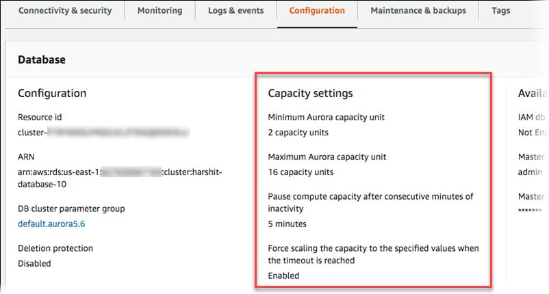 檢視 Aurora Serverless v1 資料庫叢集容量設定