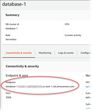 檢視 Aurora Serverless v1 資料庫叢集資料庫端點