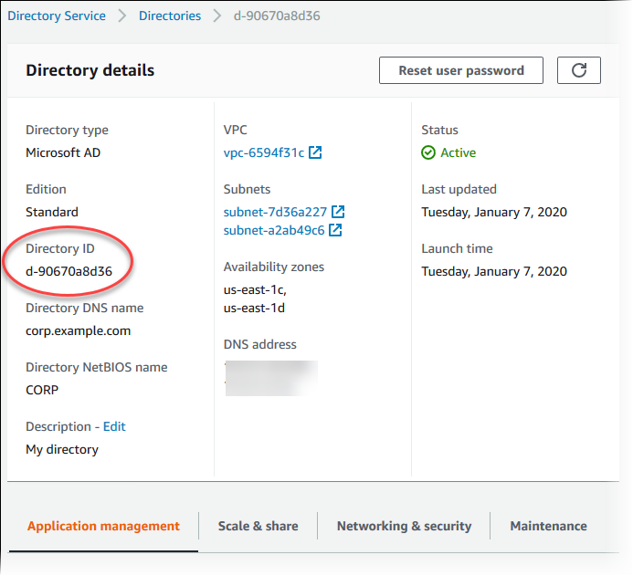 AWS Directory Service 主控台中具有目錄 ID 的目錄詳細資訊區段。