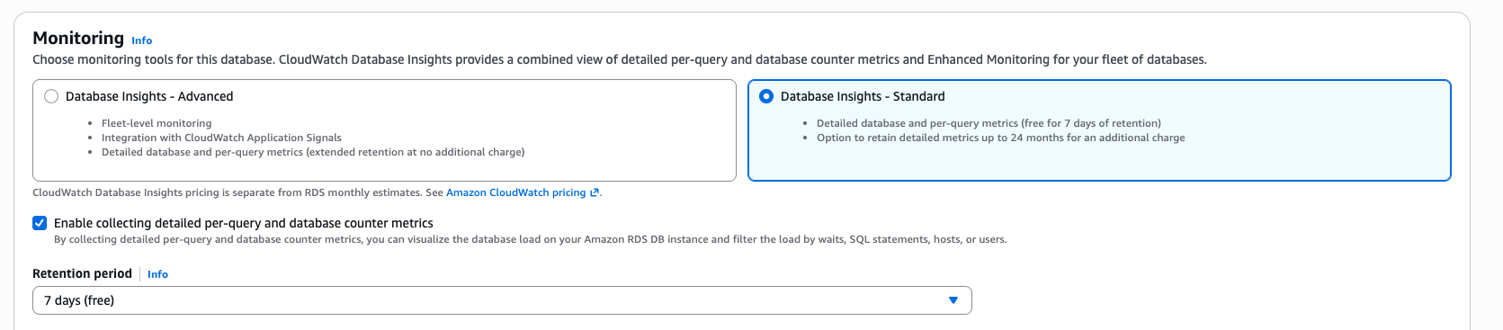 資料庫執行個體建立頁面上的 Database Insights 區段，提供啟用詳細資料庫指標的選項。