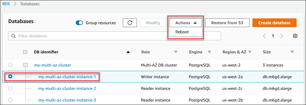 異地同步備份資料庫叢集中的資料庫執行個體動作 AWS Management Console