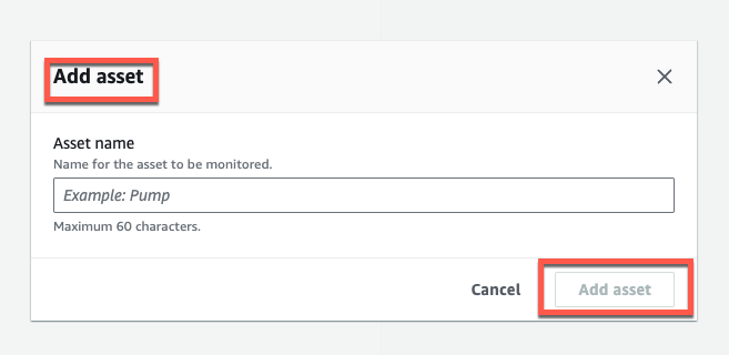 Dialog box for adding an asset, with fields for asset name and buttons to cancel or add.