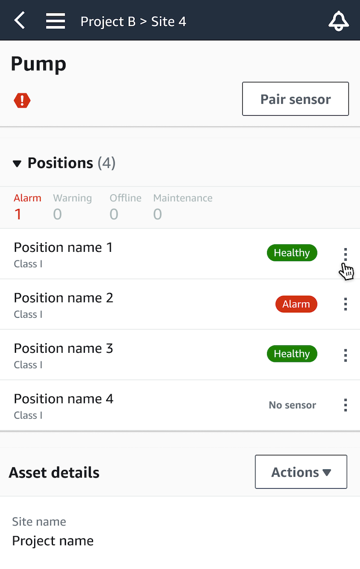 Pump monitoring interface showing 4 positions with 1 alarm, 2 healthy, and 1 no sensor status.