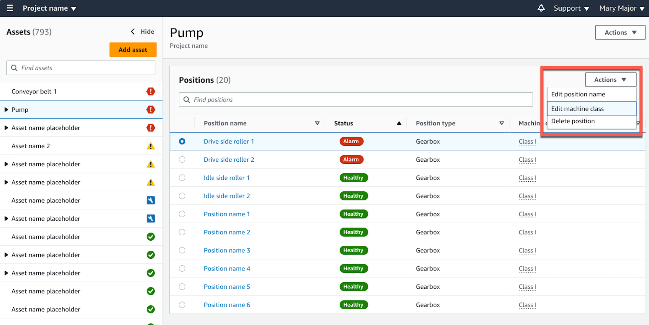 Positions table with status indicators and Actions dropdown menu highlighted.