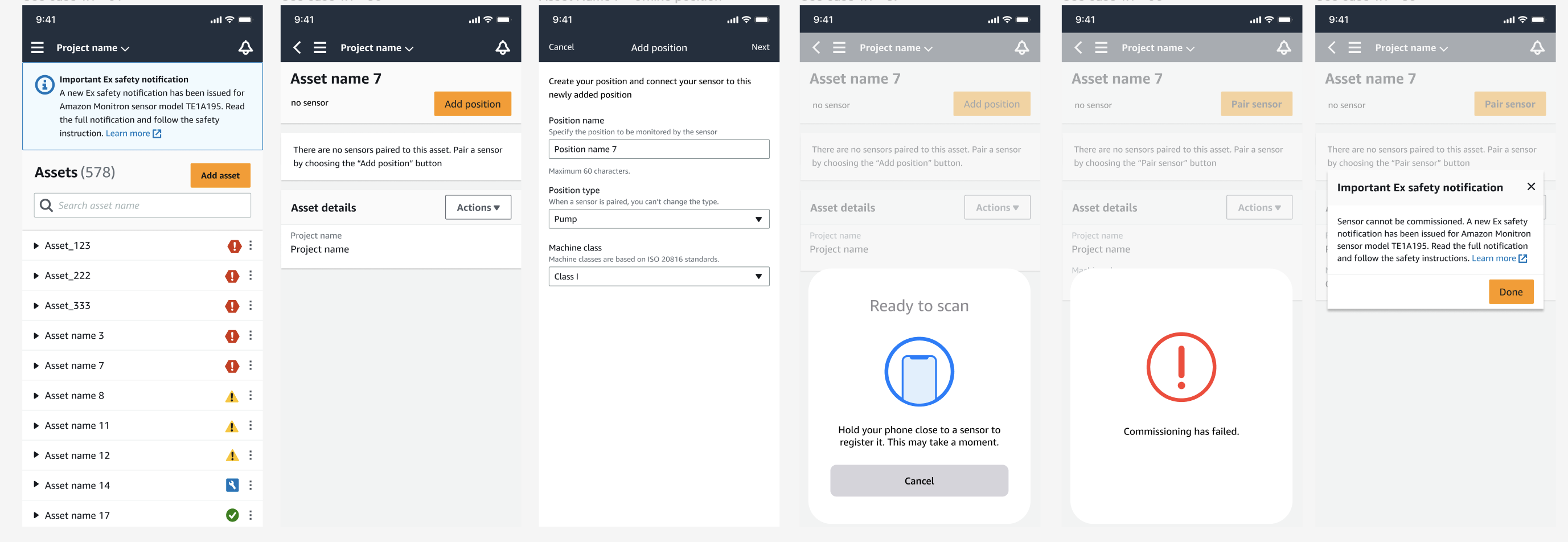 Mobile app screens showing asset management, sensor pairing, and commissioning process with error notifications.