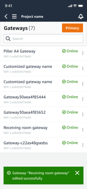 Mobile app interface showing a list of online gateways with customizable names and statuses.