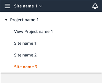 Dropdown menu showing Project name 1 with three site options, one highlighted in orange.