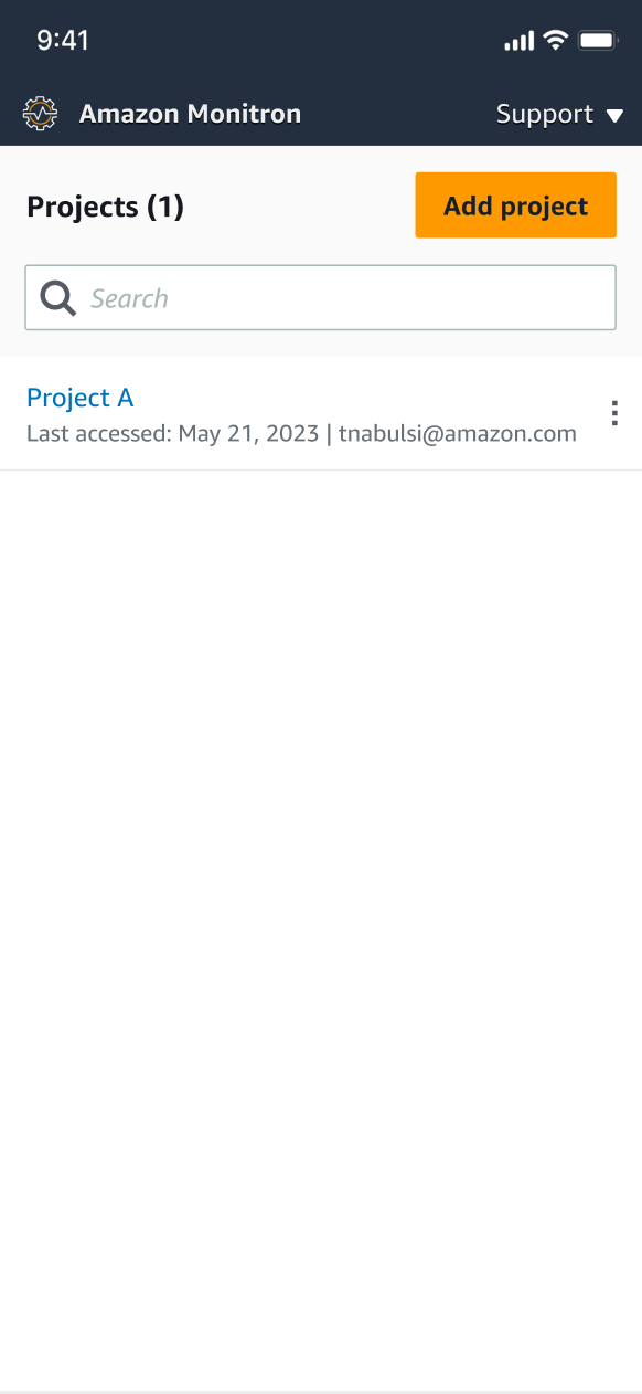 Amazon Monitron projects page showing one project with last access date and email.