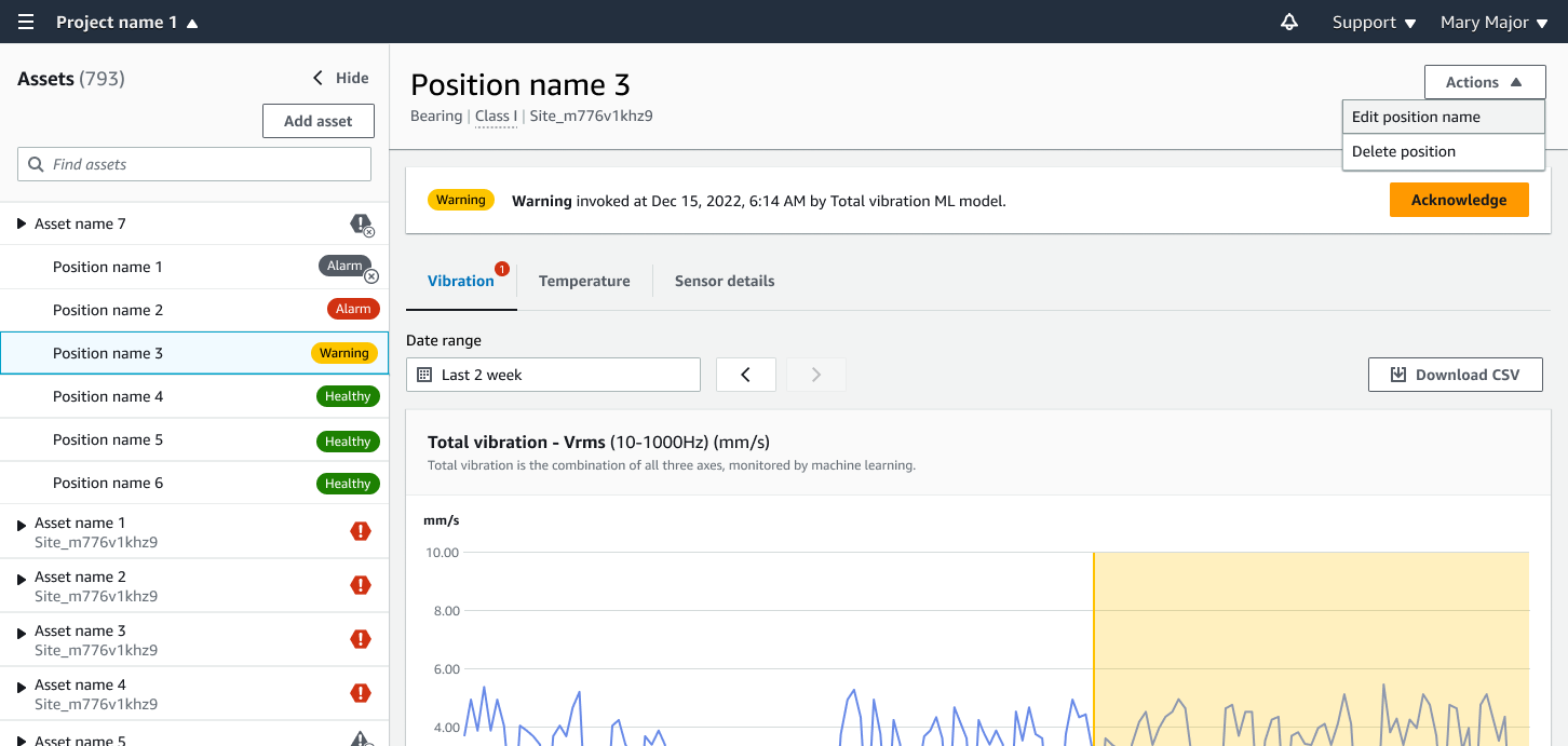 Dashboard showing asset positions with warning status for Position name 3 and vibration data graph.