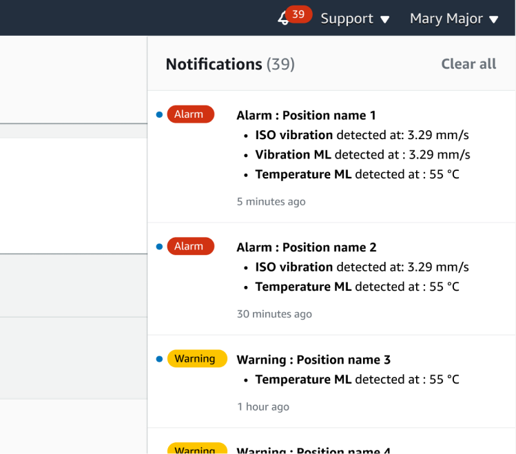 Notifications panel showing alarms and warnings for various positions with detected vibration and temperature issues.