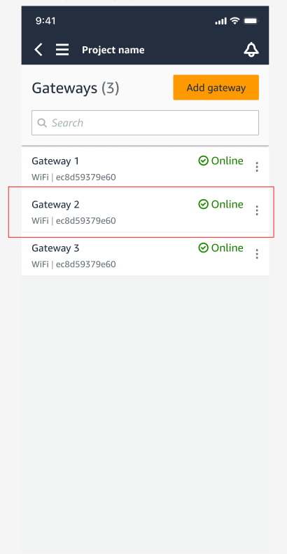 List of three WiFi gateways, all showing as Online, with option to add gateway.