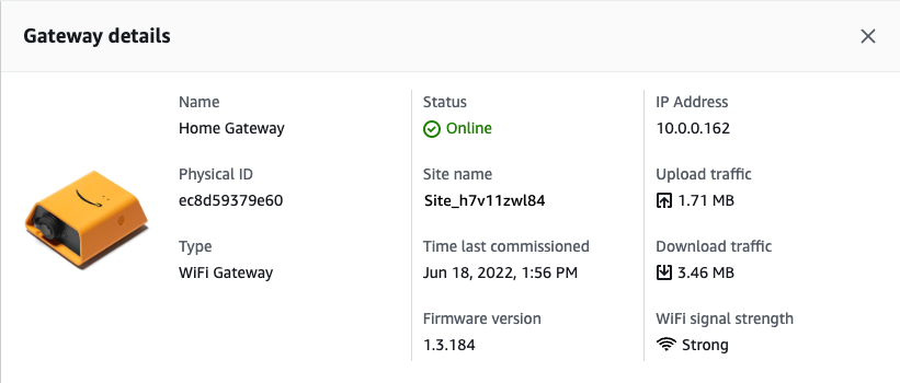 Gateway details interface showing device information, status, and network statistics.