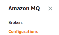 Amazon MQ navigation panel showing Brokers and Configurations options.