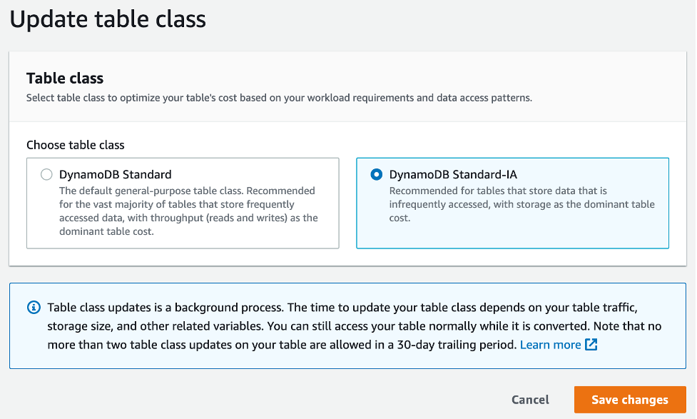 DynamoDB 資料表類別選項。在此映像中，會選取 DynamoDB Standard-IA 資料表類別。