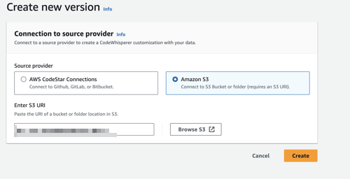 Dialog box for creating a new version, with options to select CodeConnections or Amazon S3 as the source provider.