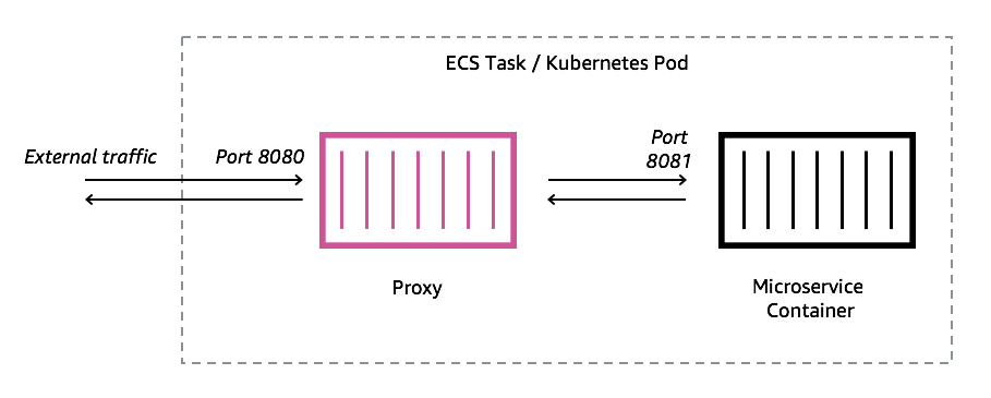 ECS Task/Kubernetes Pod with Proxy and Microservice Container communicating via ports 8080 and 8081.