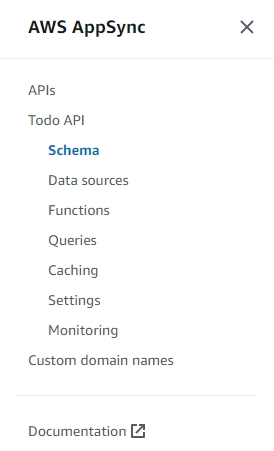 AWS AppSync console navigation menu showing APIs, Todo API options, and Documentation link.