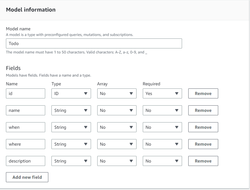 Model information form showing fields for a Todo model with ID, name, when, where, and description.