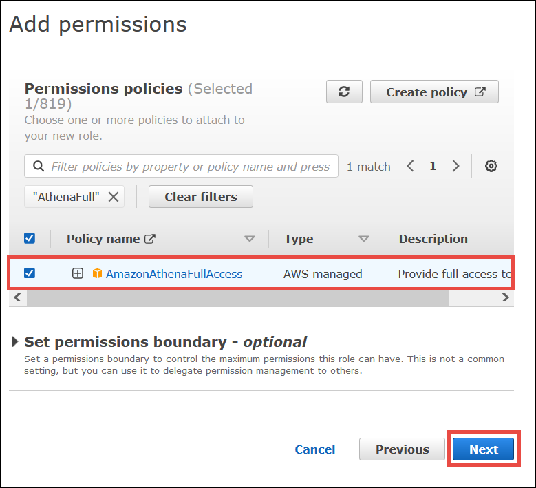 選擇 AmazonAthenaFullAccess 受管政策。