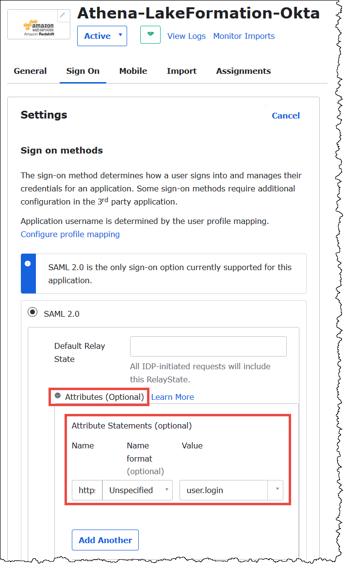 將使用者 Lake Formation URL 屬性新增至 Okta 應用程式。