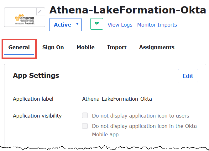 選擇 Okta 應用程式的 General (一般) 索引標籤。