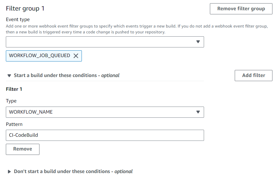 Webhook 篩選條件群組會觸發符合規則表達式之工作流程名稱的建置。