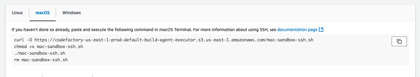 主控台中 CodeBuild 沙盒的 SSH 連線 macOS 命令。