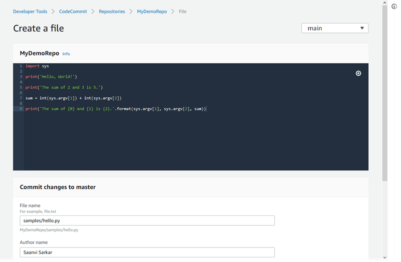 在 CodeCommit 主控台創建檔案的資訊