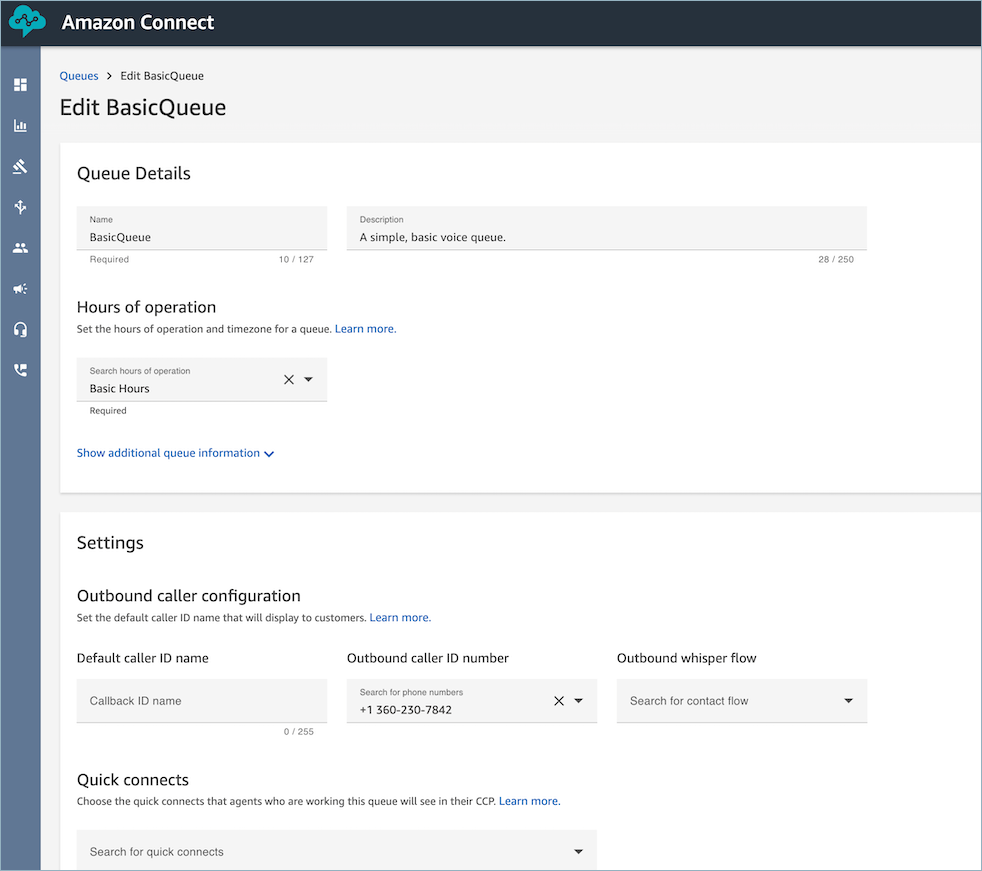 Amazon Connect interface for editing a BasicQueue, showing queue details and settings.