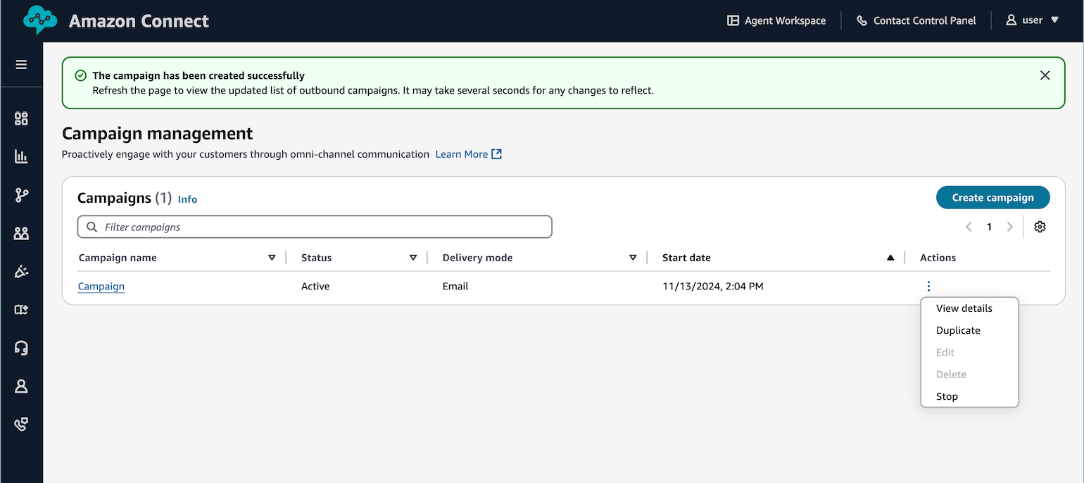 Campaign management interface showing a successfully created campaign with details and action options.