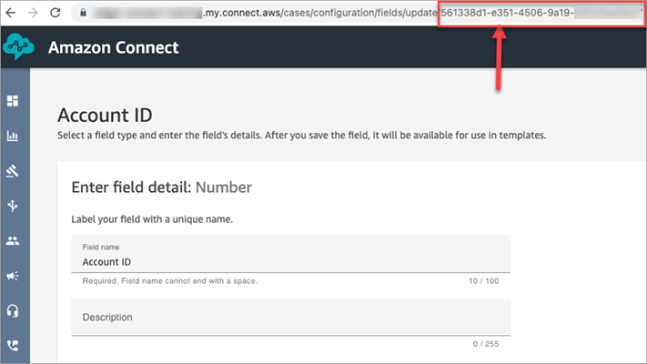在瀏覽器URL中具有 的帳戶 ID 頁面，自訂欄位 ID 在 結尾反白顯示URL。