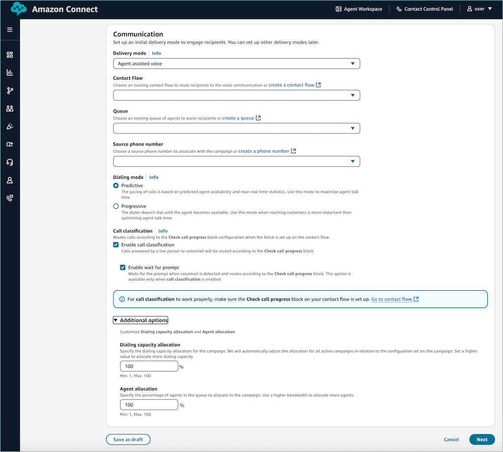 Amazon Connect communication settings interface with delivery mode, contact flow, and call options.