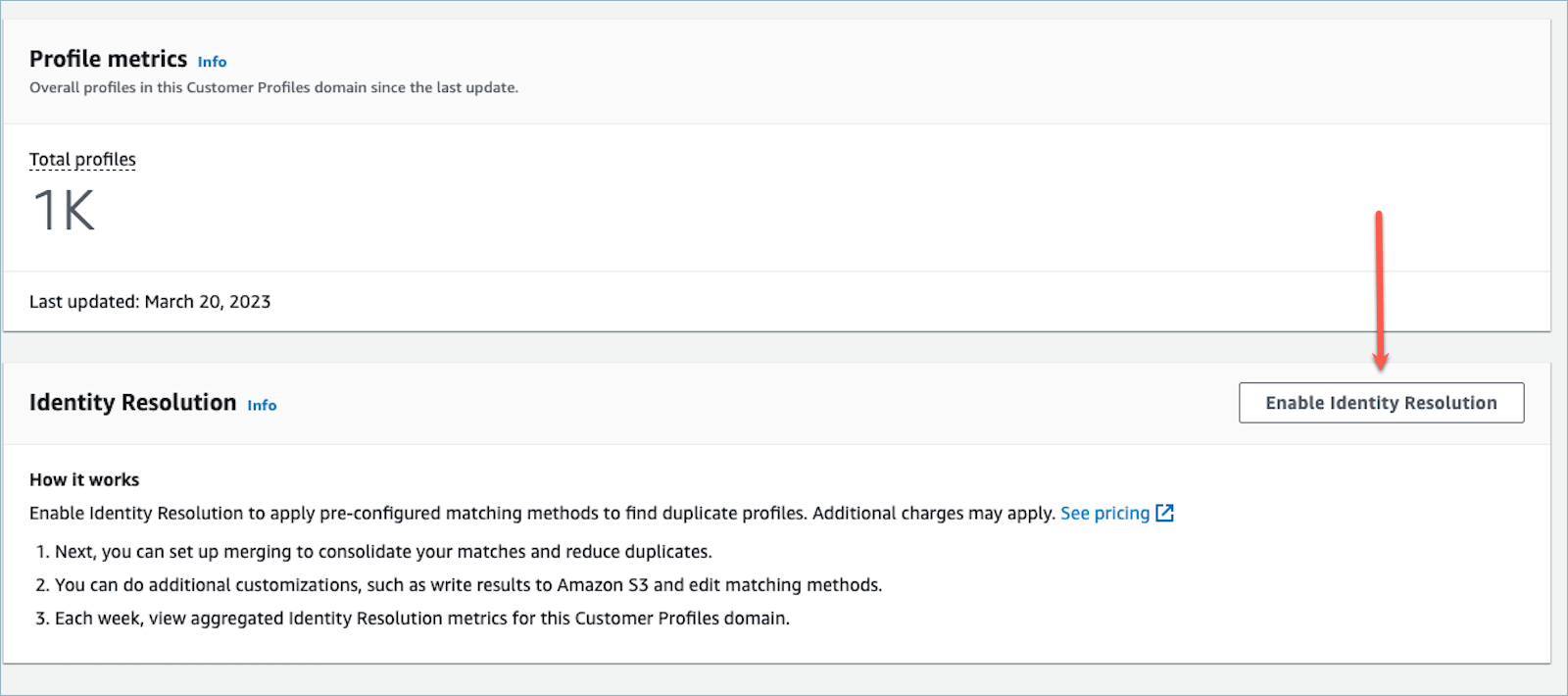 Amazon Connect Customer Profiles 頁面，「啟用身分解析」按鈕。