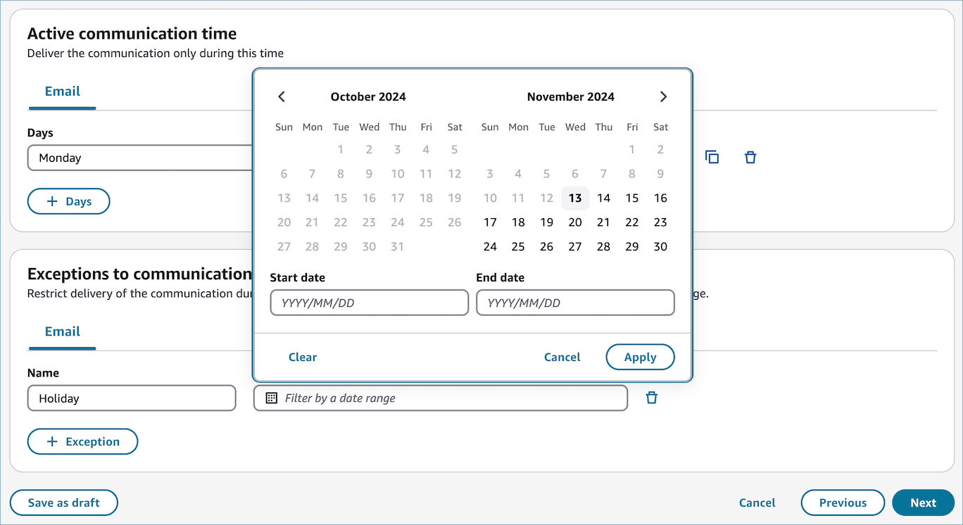 Calendar interface showing October and November 2024 with options to set active communication time.