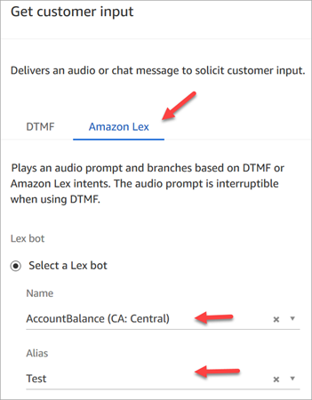 取得客戶輸入區塊屬性頁面上的 Amazon Lex 索引標籤。