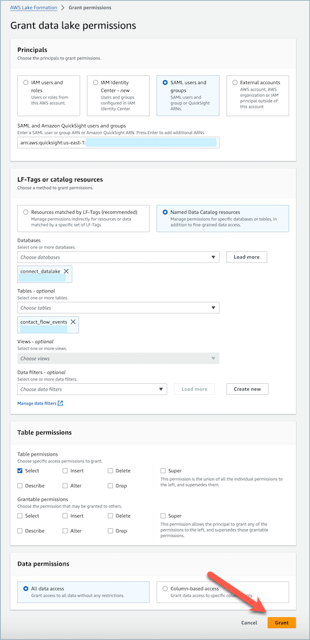 AWS Lake Formation 資料表 - 授予