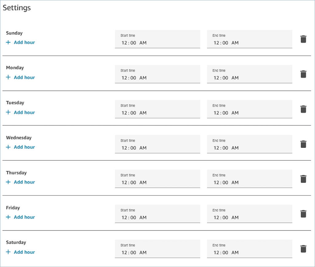 Weekly schedule settings with days, start times, and end times set to 12:00 AM.