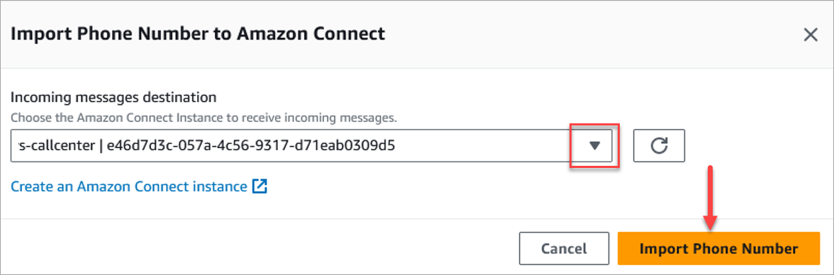 AWS End User Messaging SMS 匯入電話號碼頁面。