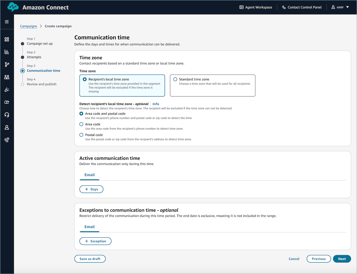 Amazon Connect campaign creation interface showing communication time settings.