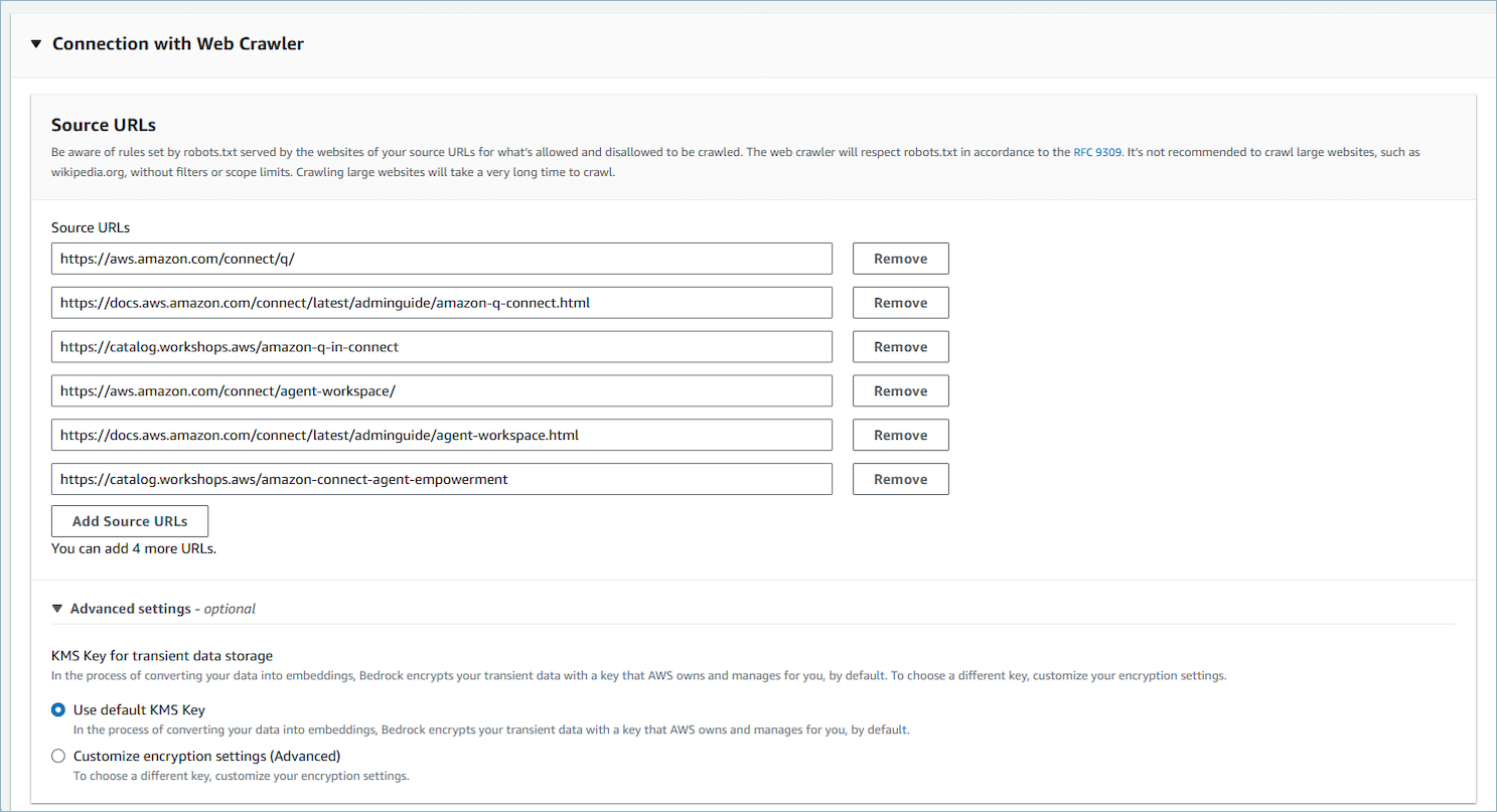 Source URLs input fields for web crawler configuration with remove options and add button.