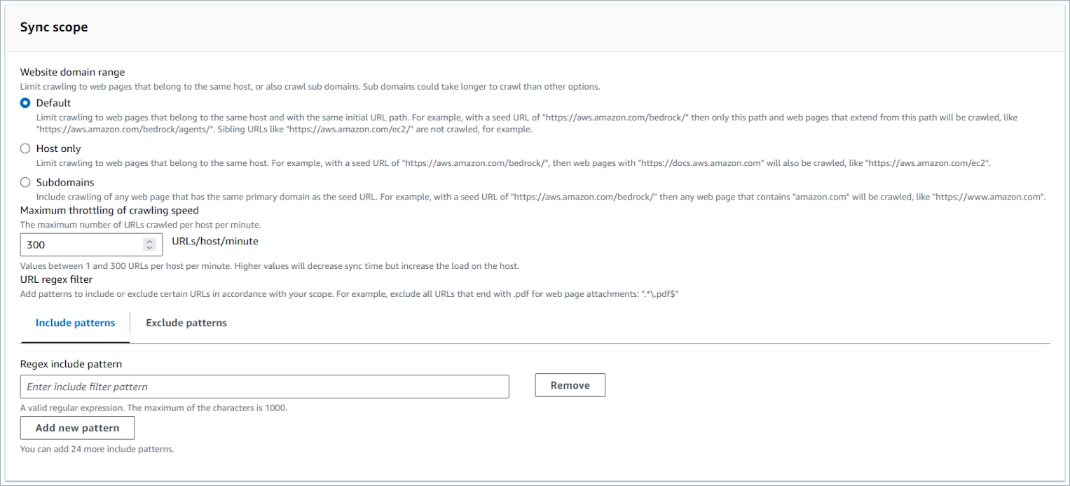 Sync scope settings for website domain range and crawling speed with URL regex filter options.