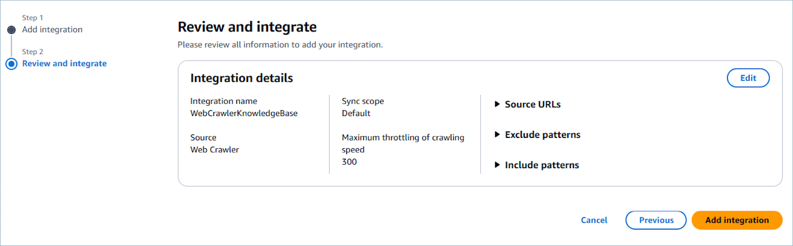 Integration details for WebCrawlerKnowledgeBase showing source, sync scope, and crawling speed.