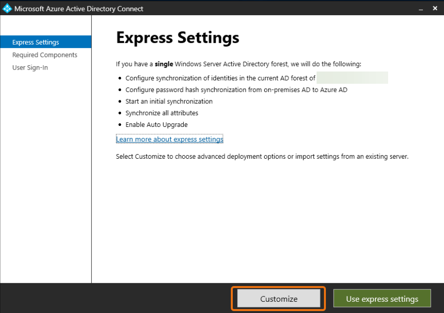 Microsoft Azure Active Directory Connect 視窗，並反白顯示自訂按鈕。